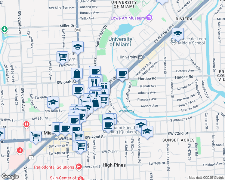 map of restaurants, bars, coffee shops, grocery stores, and more near 1430 South Dixie Highway in Coral Gables