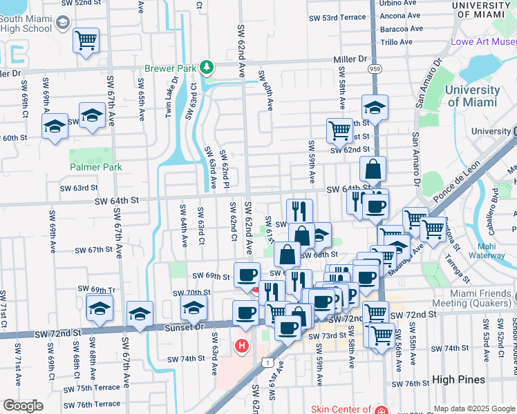map of restaurants, bars, coffee shops, grocery stores, and more near 6521 Southwest 62nd Avenue in South Miami