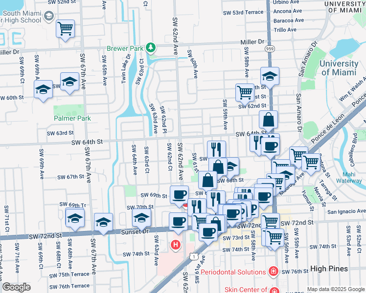 map of restaurants, bars, coffee shops, grocery stores, and more near 6521 Southwest 62nd Avenue in South Miami