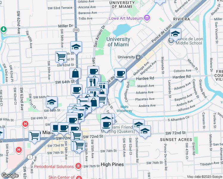 map of restaurants, bars, coffee shops, grocery stores, and more near 1280 South Alhambra Circle in Coral Gables