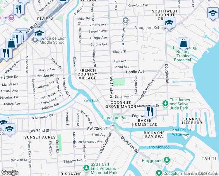 map of restaurants, bars, coffee shops, grocery stores, and more near 401 Garlenda Avenue in Coral Gables