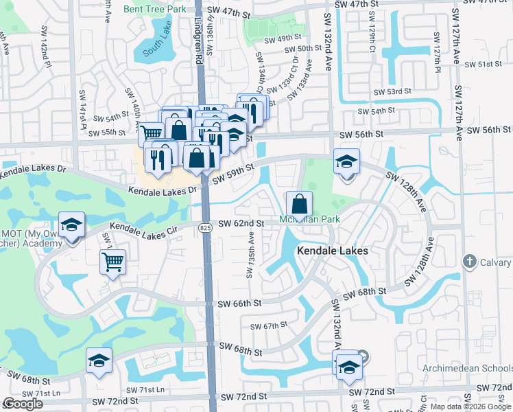 map of restaurants, bars, coffee shops, grocery stores, and more near 13501 Southwest 62nd Street in Miami