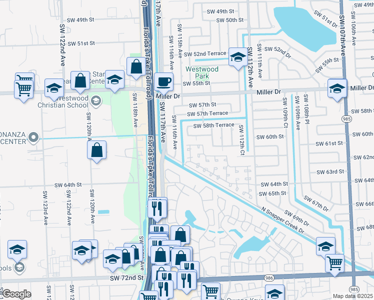 map of restaurants, bars, coffee shops, grocery stores, and more near 11528 Southwest 60th Terrace in Miami