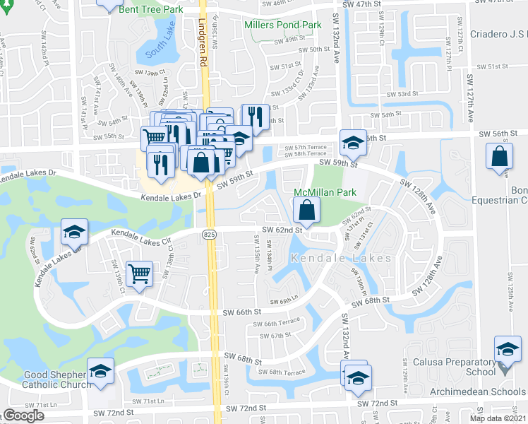 map of restaurants, bars, coffee shops, grocery stores, and more near 13501 Southwest 62nd Street in Miami