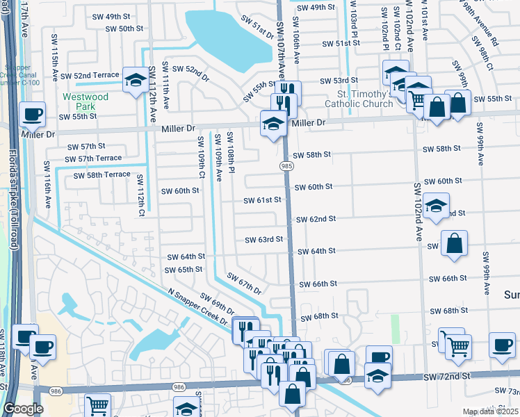 map of restaurants, bars, coffee shops, grocery stores, and more near 10803 Southwest 62nd Terrace in Miami