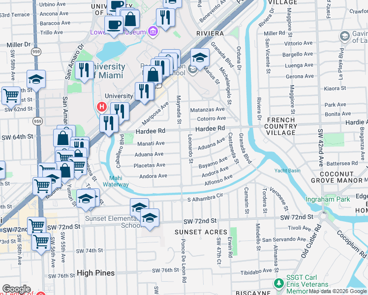 map of restaurants, bars, coffee shops, grocery stores, and more near 6220 Leonardo Street in Coral Gables