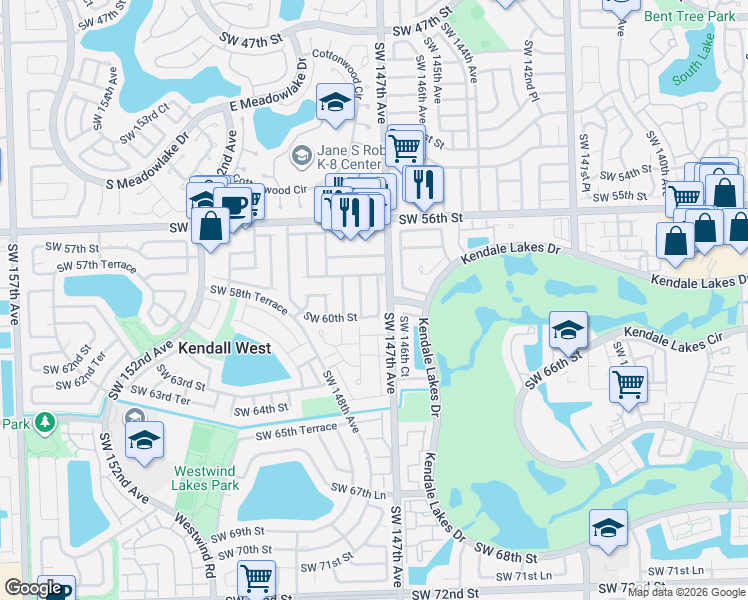 map of restaurants, bars, coffee shops, grocery stores, and more near 14726 Southwest 58th Street in Miami