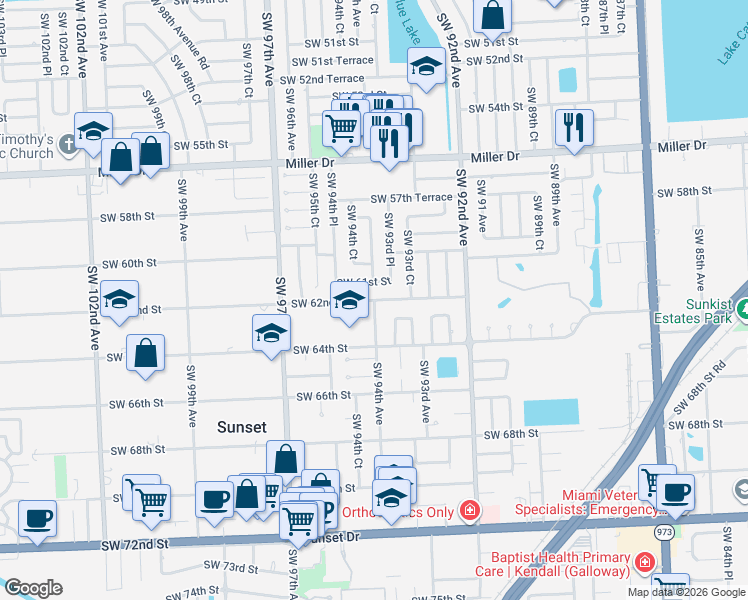 map of restaurants, bars, coffee shops, grocery stores, and more near 9400 Southwest 62nd Street in Miami