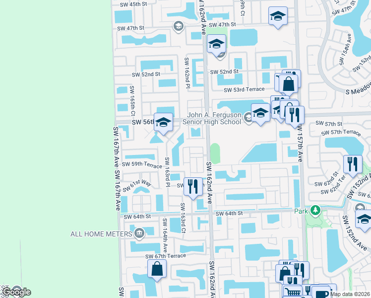 map of restaurants, bars, coffee shops, grocery stores, and more near 16292 Southwest 57th Lane in Miami