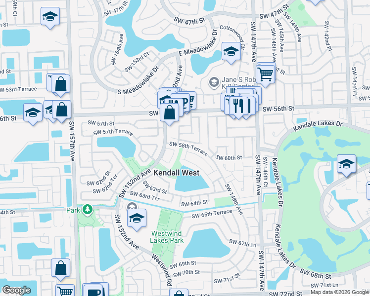 map of restaurants, bars, coffee shops, grocery stores, and more near 15035 Southwest 58th Street in Miami