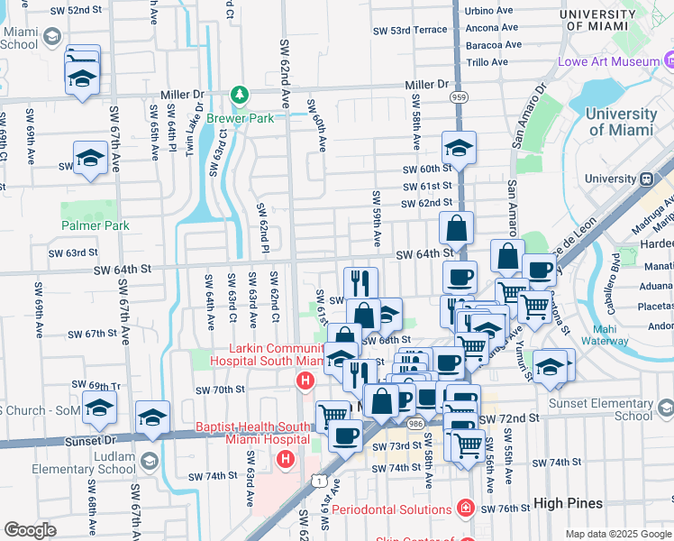 map of restaurants, bars, coffee shops, grocery stores, and more near in South Miami