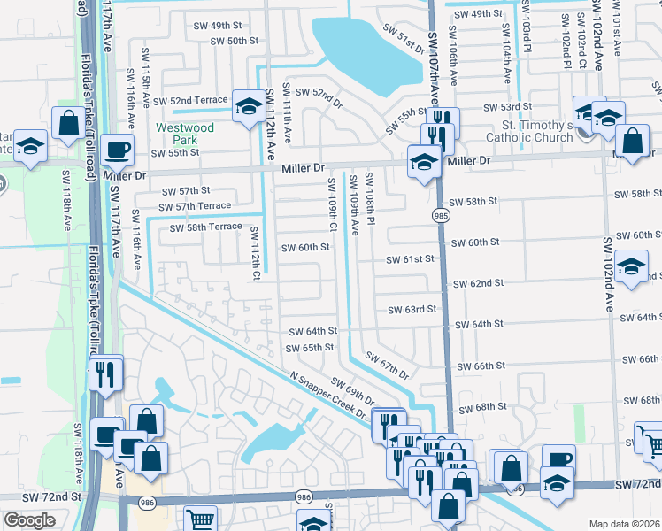 map of restaurants, bars, coffee shops, grocery stores, and more near 6011 Southwest 109th Court in Miami