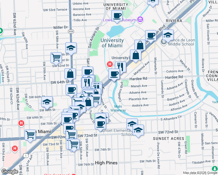 map of restaurants, bars, coffee shops, grocery stores, and more near 1390 South Dixie Highway in Coral Gables
