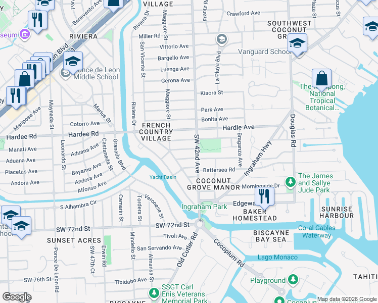map of restaurants, bars, coffee shops, grocery stores, and more near 420 Barbarossa Avenue in Coral Gables