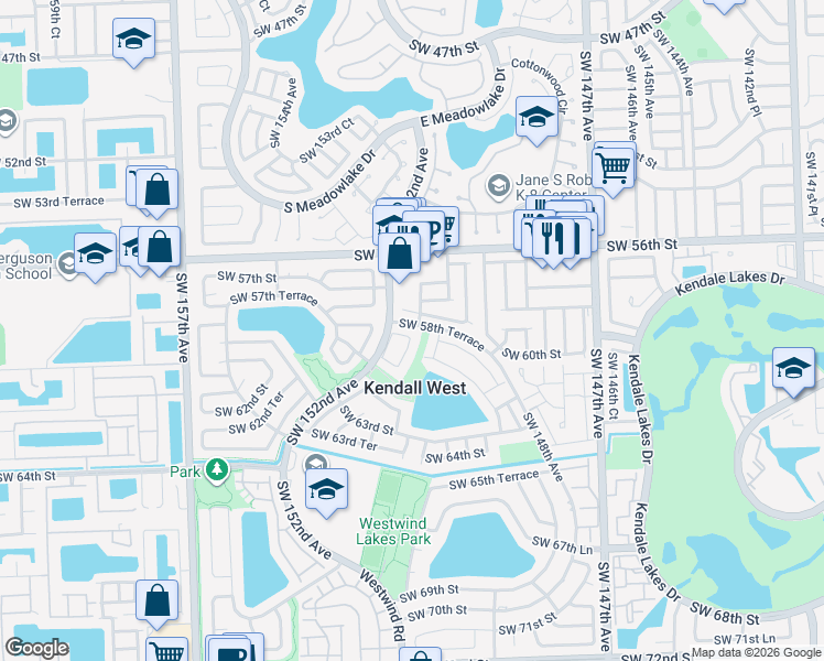 map of restaurants, bars, coffee shops, grocery stores, and more near 15035 Southwest 58th Street in Miami