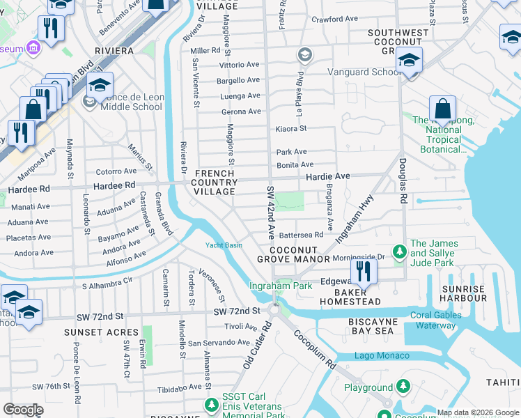 map of restaurants, bars, coffee shops, grocery stores, and more near 420 Barbarossa Avenue in Coral Gables