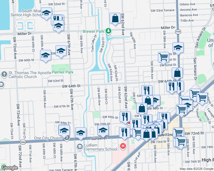 map of restaurants, bars, coffee shops, grocery stores, and more near 6381 Southwest 63rd Court in South Miami