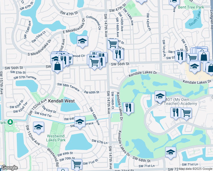 map of restaurants, bars, coffee shops, grocery stores, and more near 14726 Southwest 58th Street in Miami
