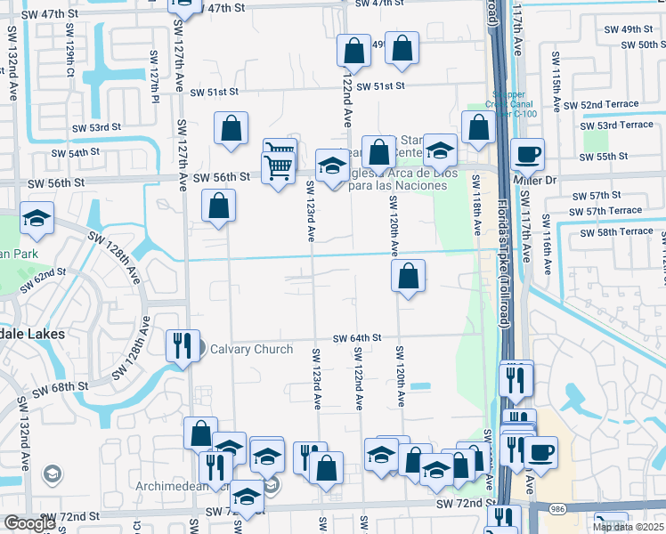 map of restaurants, bars, coffee shops, grocery stores, and more near 6025 Southwest 123rd Avenue in Miami