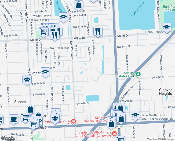 map of restaurants, bars, coffee shops, grocery stores, and more near 6101 Southwest 90th Court in Miami