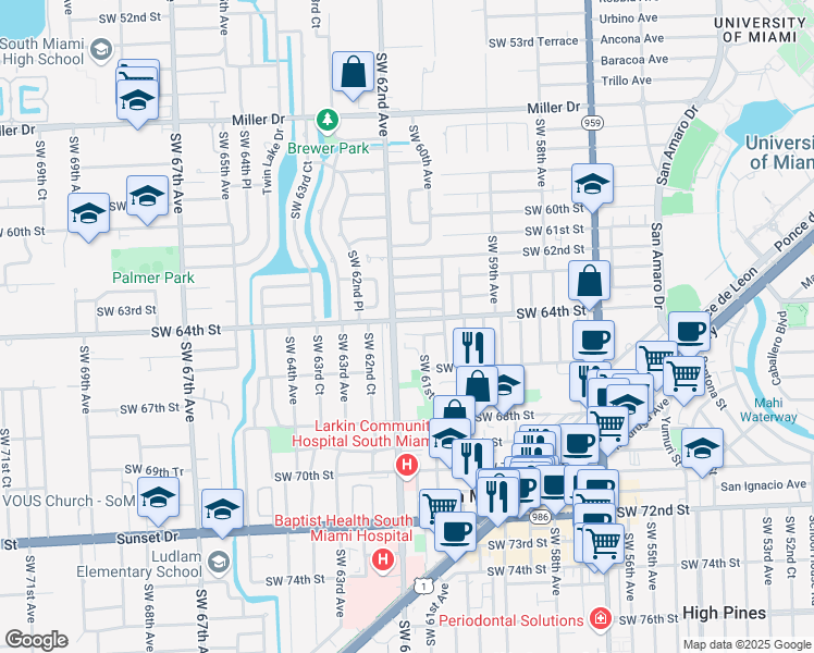 map of restaurants, bars, coffee shops, grocery stores, and more near 6165 Southwest 64th Street in South Miami