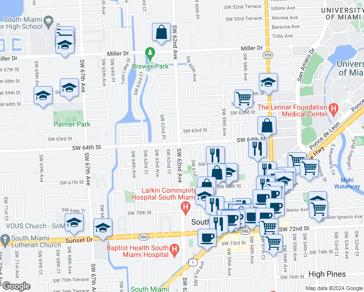 map of restaurants, bars, coffee shops, grocery stores, and more near 6165 Southwest 64th Street in South Miami