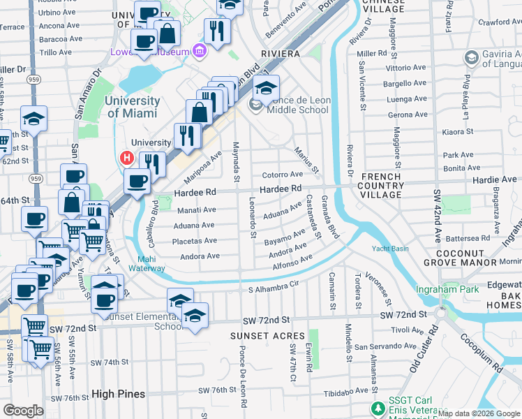map of restaurants, bars, coffee shops, grocery stores, and more near 6220 Leonardo Street in Coral Gables