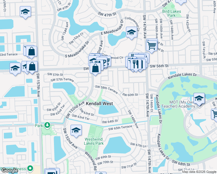 map of restaurants, bars, coffee shops, grocery stores, and more near 5788 Southwest 149th Place in Miami
