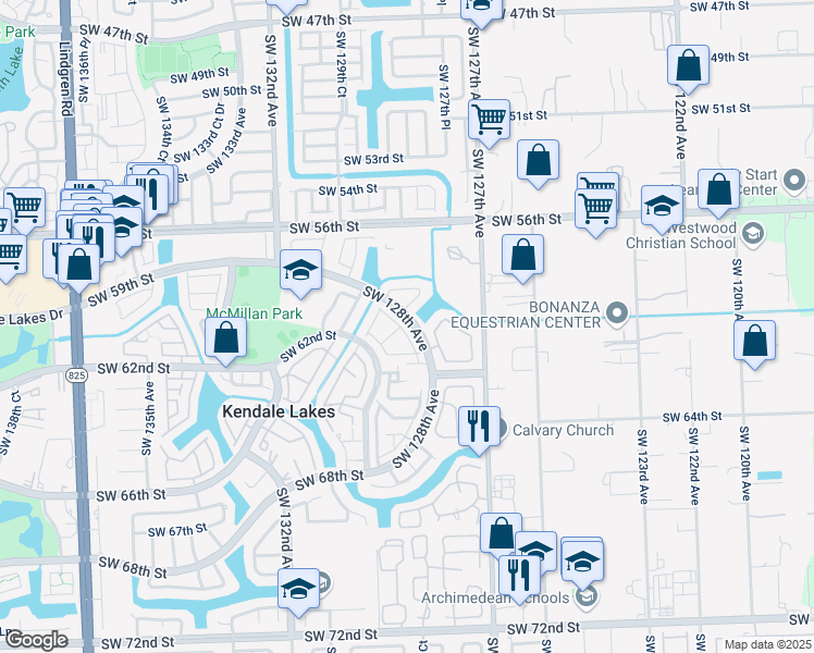 map of restaurants, bars, coffee shops, grocery stores, and more near 12785 Southwest 59th Street in Miami