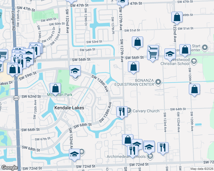 map of restaurants, bars, coffee shops, grocery stores, and more near 12785 Southwest 59th Street in Miami