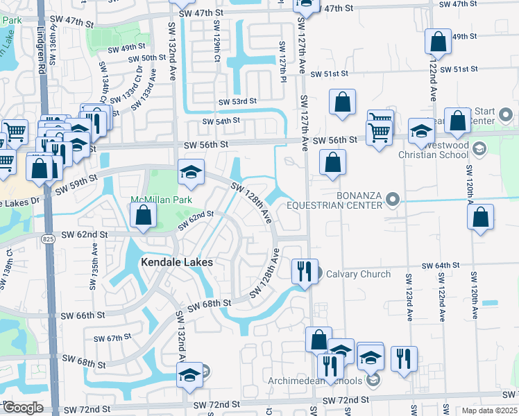 map of restaurants, bars, coffee shops, grocery stores, and more near 12785 Southwest 59th Street in Miami