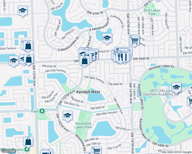 map of restaurants, bars, coffee shops, grocery stores, and more near 15035 Southwest 58th Street in Miami