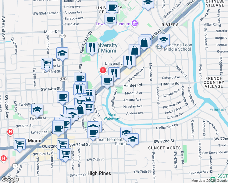 map of restaurants, bars, coffee shops, grocery stores, and more near 1360 South Dixie Highway in Coral Gables