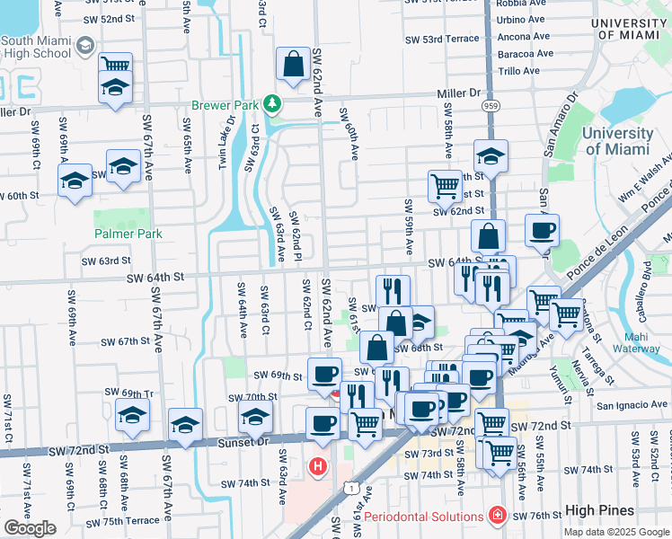 map of restaurants, bars, coffee shops, grocery stores, and more near 6165 Southwest 64th Street in South Miami