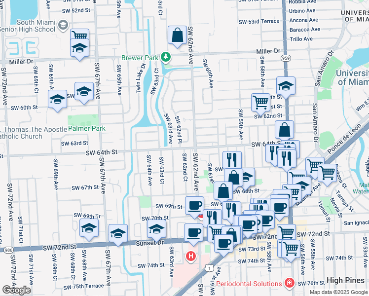 map of restaurants, bars, coffee shops, grocery stores, and more near 6321 Southwest 62nd Place in South Miami