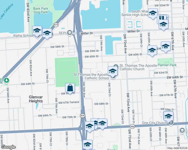 map of restaurants, bars, coffee shops, grocery stores, and more near 6301 Southwest 75th Avenue in Miami