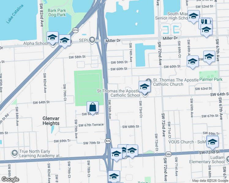 map of restaurants, bars, coffee shops, grocery stores, and more near 6301 Southwest 75th Avenue in Miami