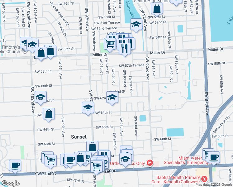 map of restaurants, bars, coffee shops, grocery stores, and more near 9421 Southwest 61st Street in Miami