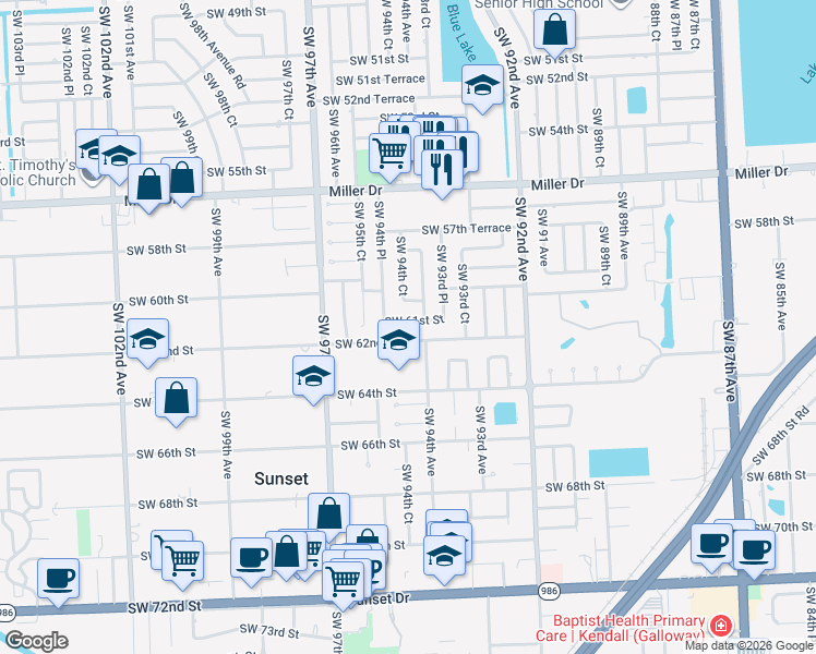 map of restaurants, bars, coffee shops, grocery stores, and more near 9421 Southwest 61st Street in Miami
