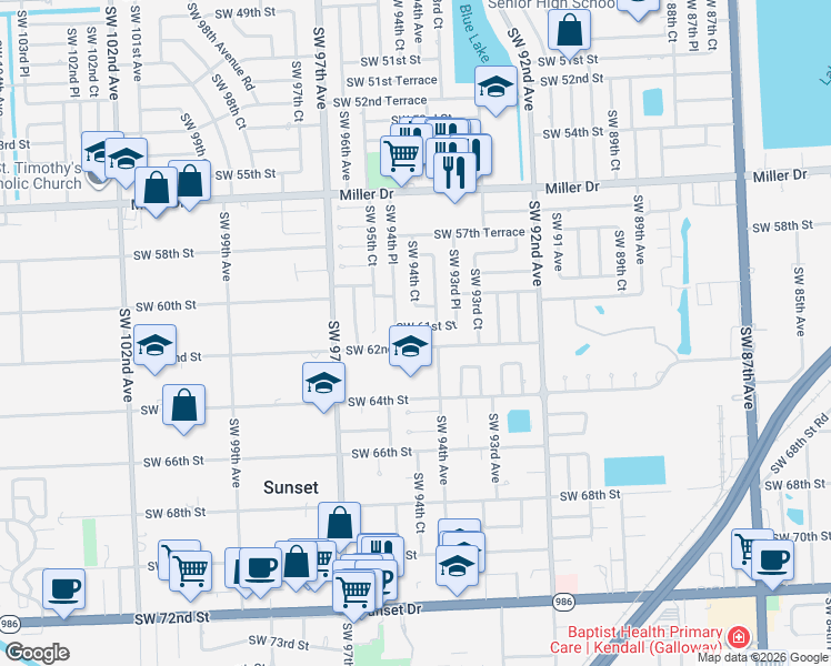 map of restaurants, bars, coffee shops, grocery stores, and more near 9421 Southwest 61st Street in Miami
