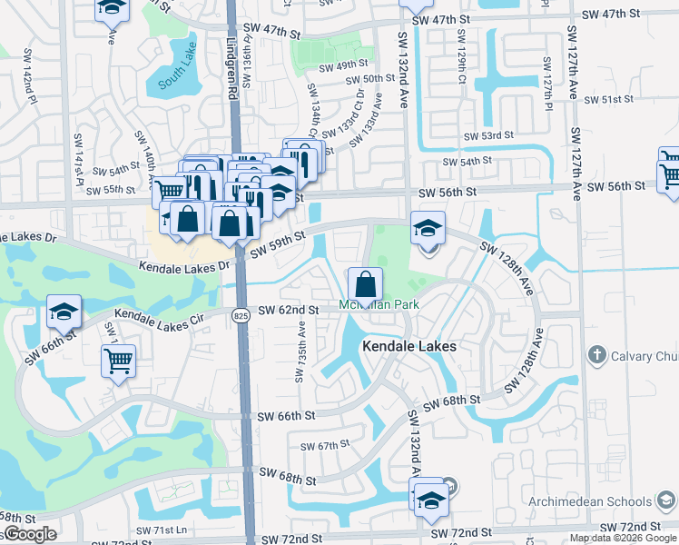 map of restaurants, bars, coffee shops, grocery stores, and more near 6044 Southwest 133rd Place in Miami