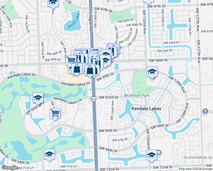 map of restaurants, bars, coffee shops, grocery stores, and more near 13556 Southwest 59th Lane in Miami