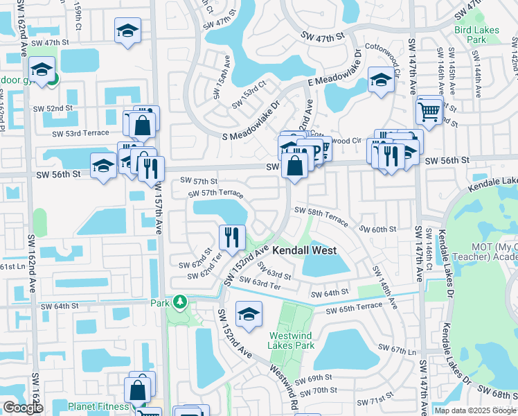 map of restaurants, bars, coffee shops, grocery stores, and more near 15280 Southwest 58th Street in Miami