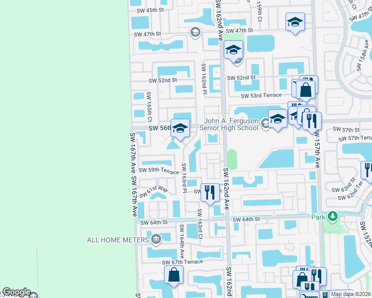 map of restaurants, bars, coffee shops, grocery stores, and more near 16324 Southwest 57th Street in Miami