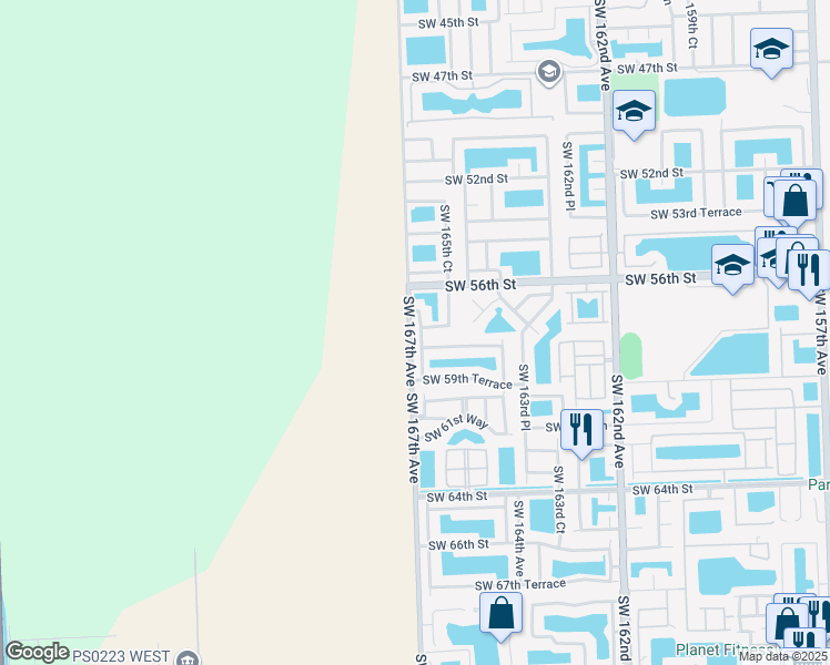 map of restaurants, bars, coffee shops, grocery stores, and more near 5758 Southwest 166th Court in Miami