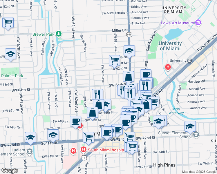 map of restaurants, bars, coffee shops, grocery stores, and more near 6400 Southwest 58th Place in South Miami