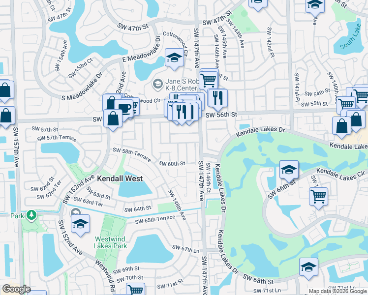 map of restaurants, bars, coffee shops, grocery stores, and more near 14798 Southwest 58th Street in Miami
