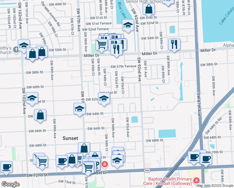 map of restaurants, bars, coffee shops, grocery stores, and more near 9340 Southwest 61st Street in Miami