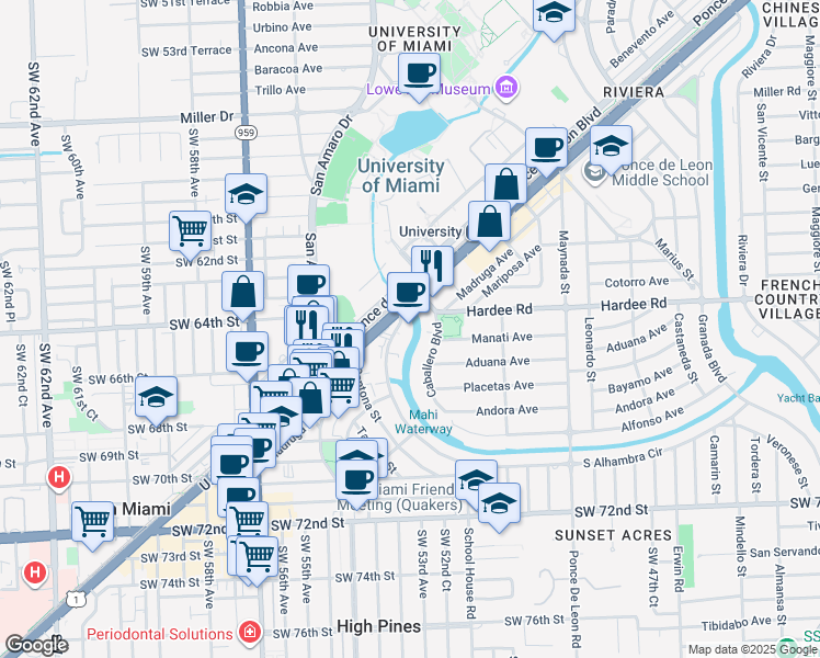 map of restaurants, bars, coffee shops, grocery stores, and more near 1390 South Dixie Highway in Coral Gables