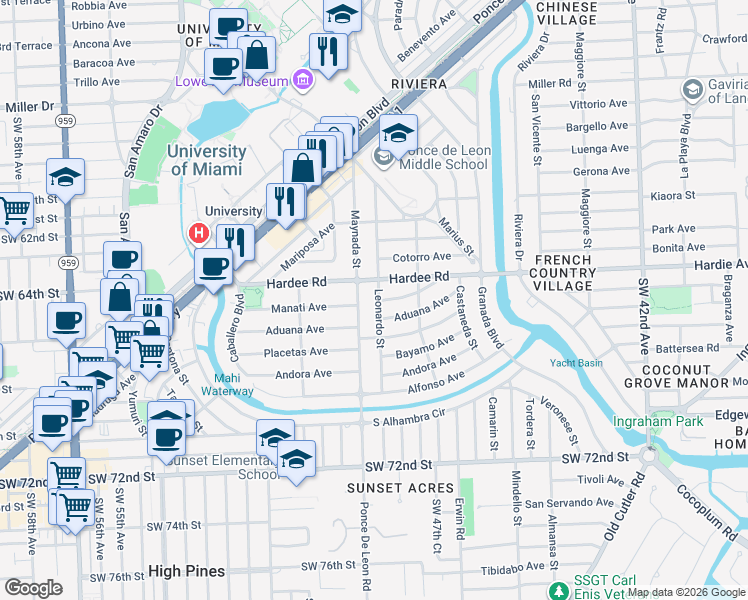 map of restaurants, bars, coffee shops, grocery stores, and more near 6220 Leonardo Street in Coral Gables